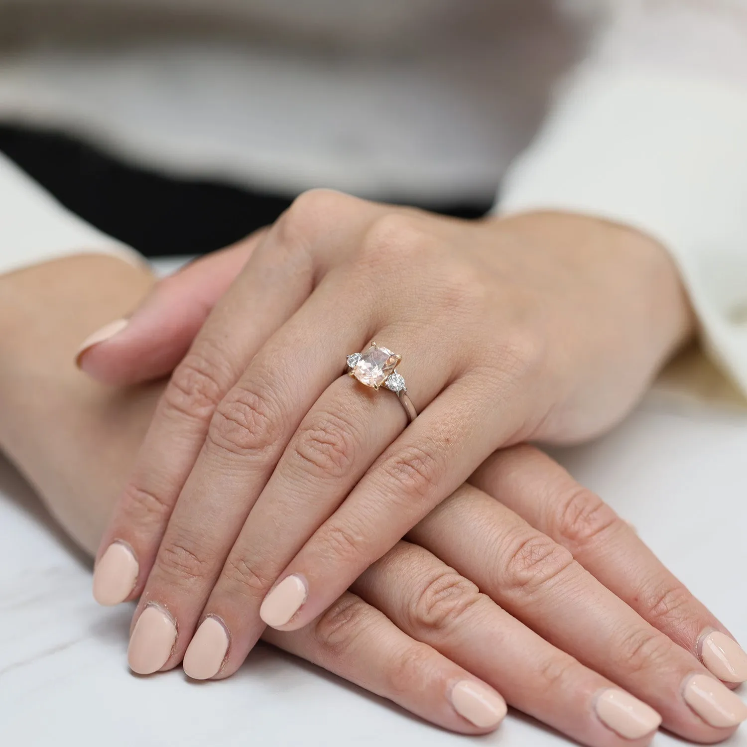 18ct White Gold Cushion Cut Morganite And Diamond Trilogy Ring With 18ct Rose Gold Claws