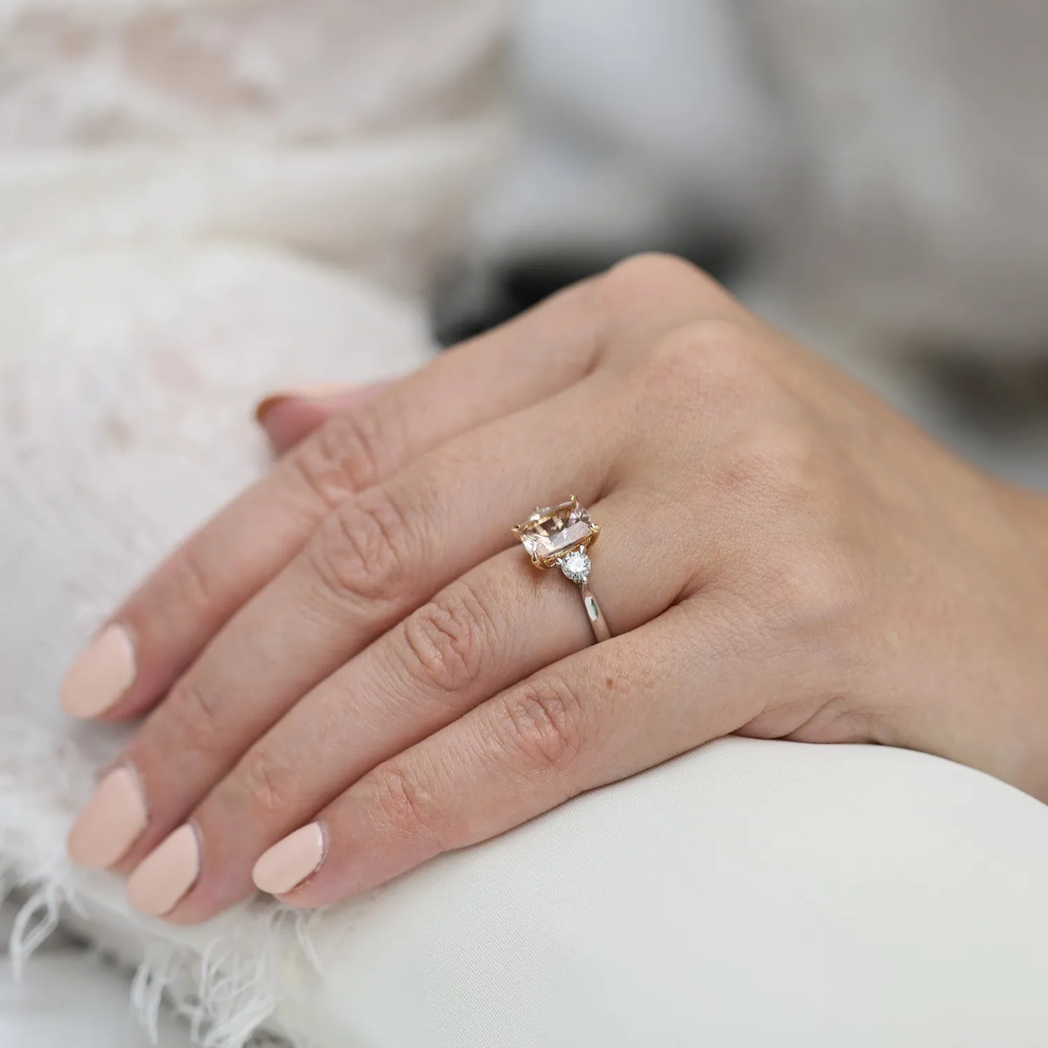 18ct White Gold Cushion Cut Morganite And Diamond Trilogy Ring With 18ct Rose Gold Claws