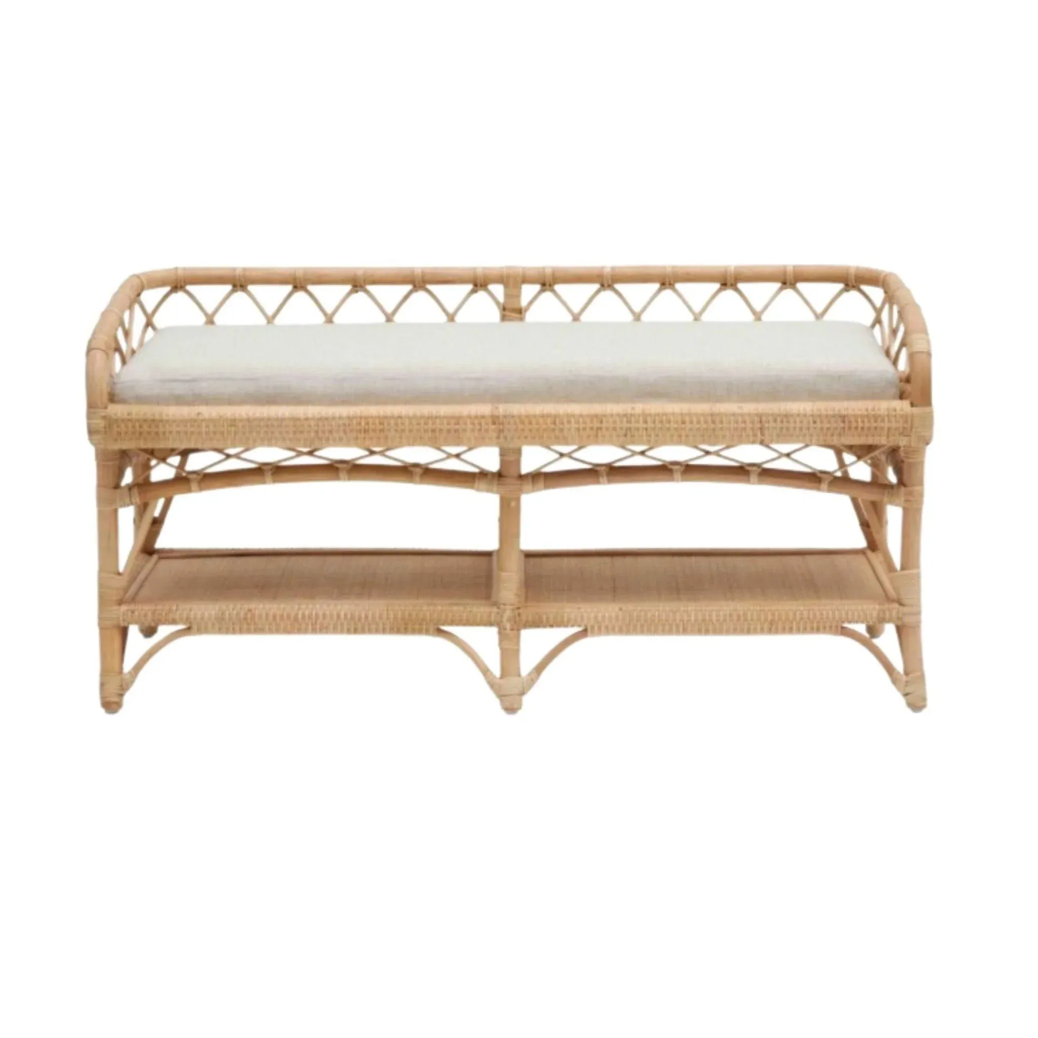 48" Natural Rattan Bench With Cream Cushion