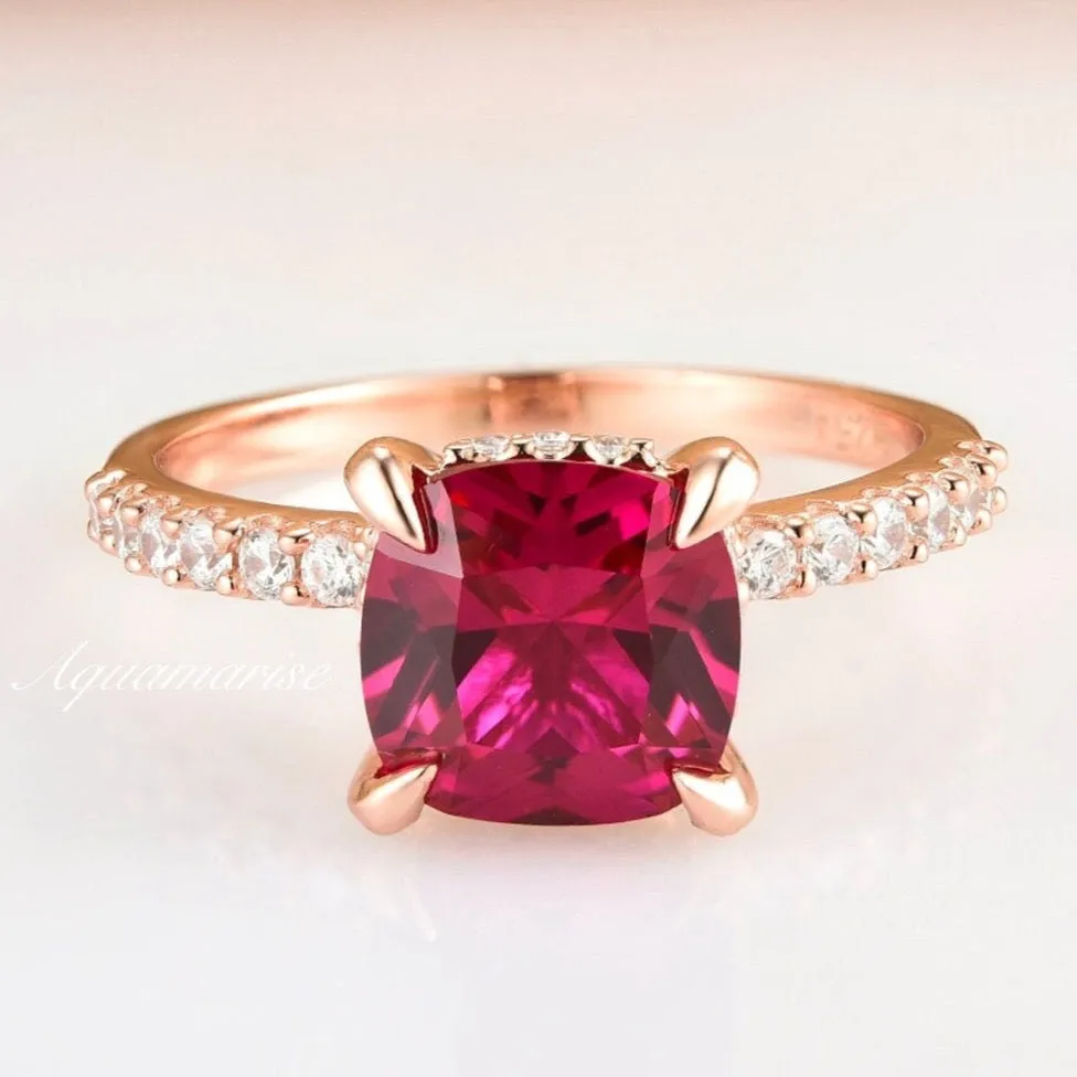 Cushion Hidden Halo Ruby Ring- 14K Rose Gold Vermeil