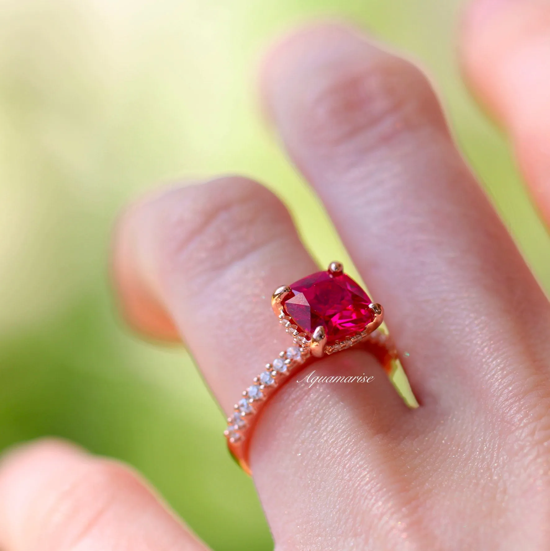 Cushion Hidden Halo Ruby Ring- 14K Rose Gold Vermeil